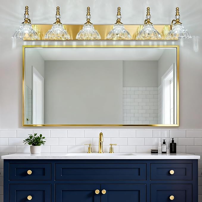 Vintage Bathroom Vanity Light, 6-Light Gold Vanity Lighting Fixture with Flower Glass Shade, Bathroom Lighting Fixtures Over Mirror