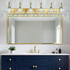 Vintage Bathroom Vanity Light, 6-Light Gold Vanity Lighting Fixture with Flower Glass Shade, Bathroom Lighting Fixtures Over Mirror