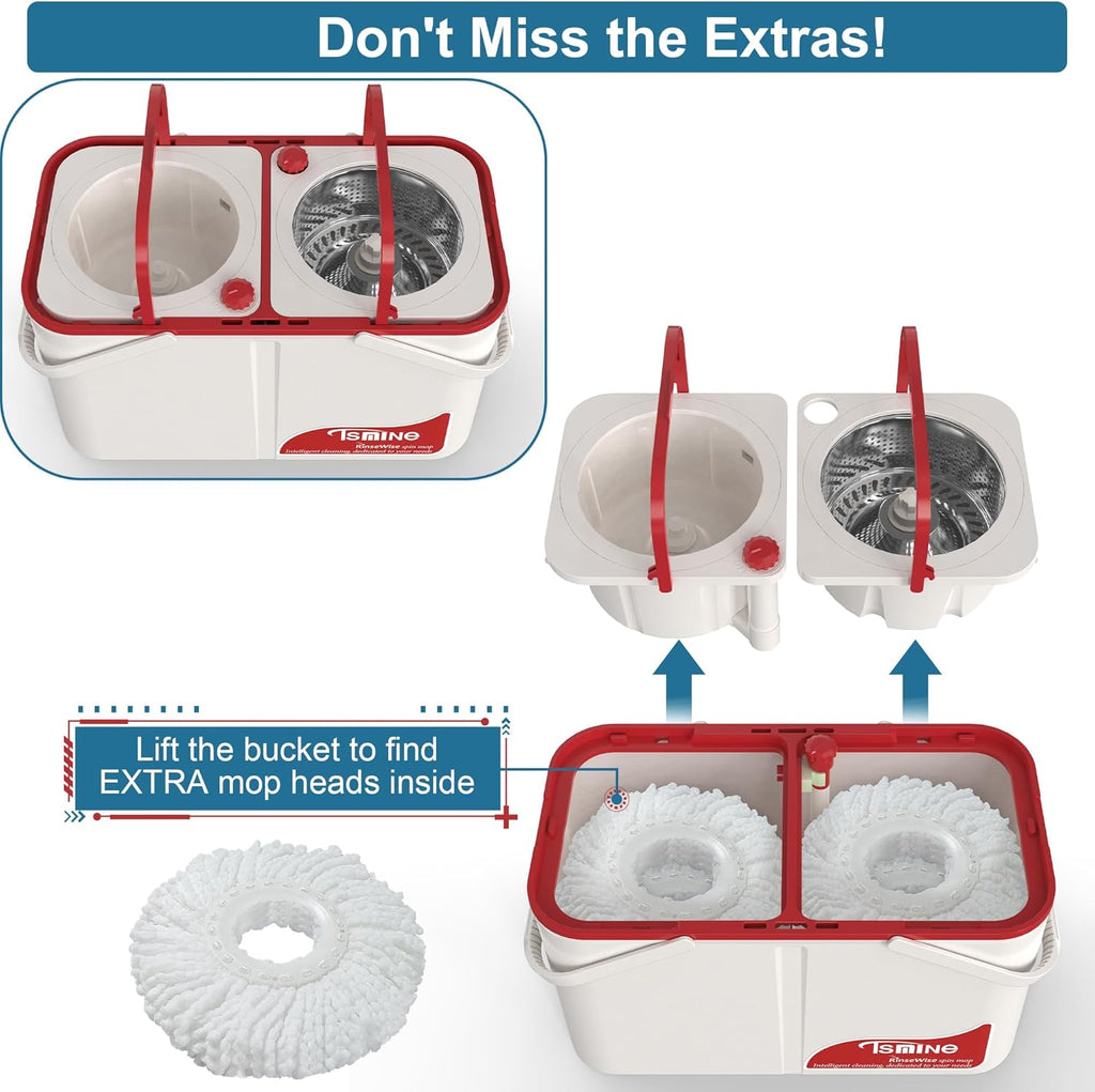 Gen 1 Large-Capacity Spin Mop and Bucket – for Big Homes & Deep Cleaning Days,4-Chamber System Separates Dirty & Clean Water, 2-GAL Heavy-Duty Design with Wheels & 6 Refill Mop Heads - White/Red