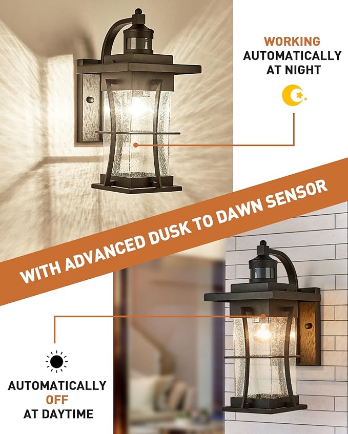 Motion Sensor Outdoor Wall Light Dusk to Dawn Exterior Light Fixtures Waterproof Exterior Sconce Black Porch Lamp Wall Mount Outside Lantern Light for House Front Door Garage