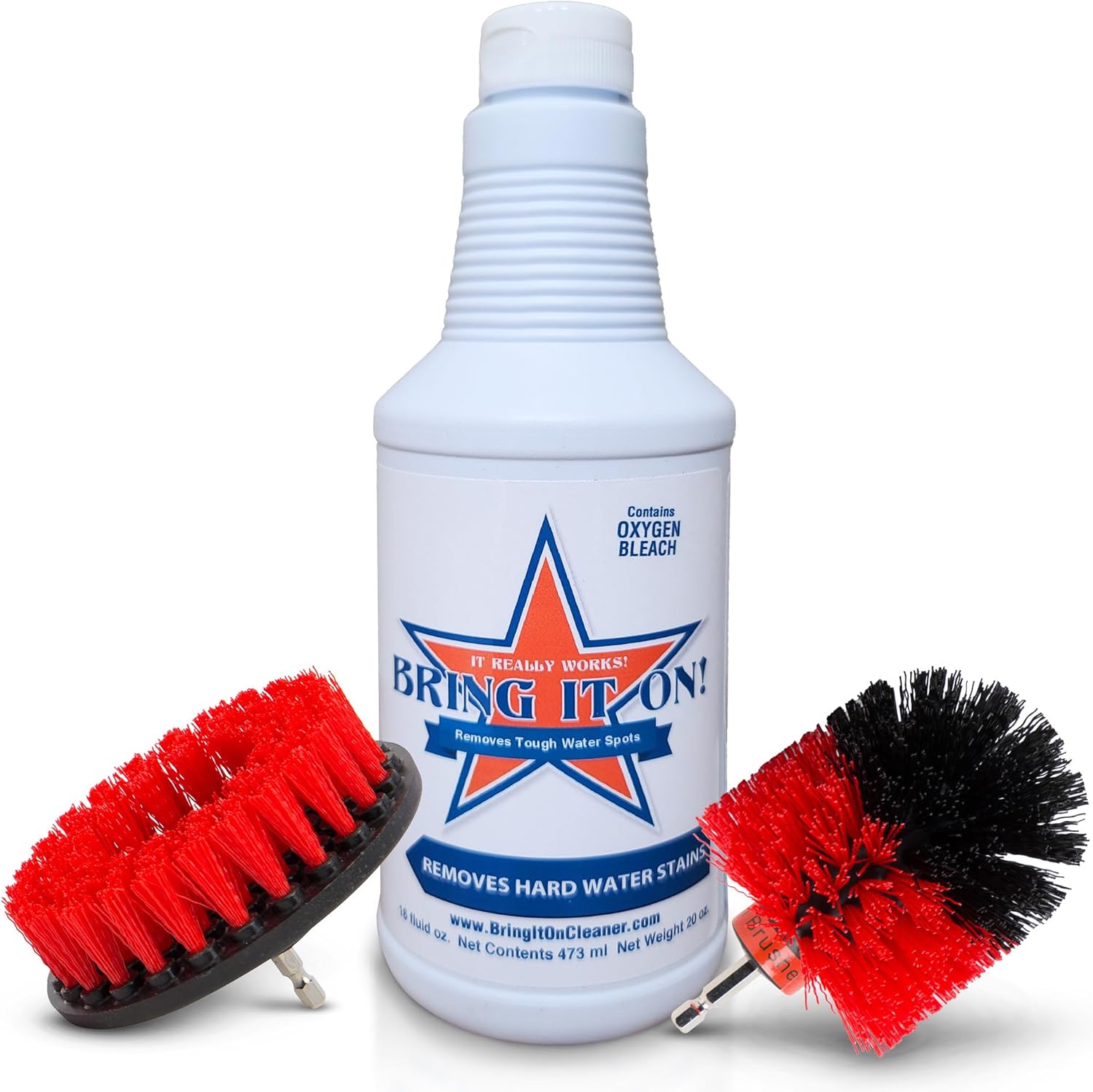 Bring It On Cleaner Water Spot Remover 16 Ounce, Plus 2 Drill Brushes, Drill Brush Attachment, Great Tile and Grout Cleaner, Tub and Shower Cleaner