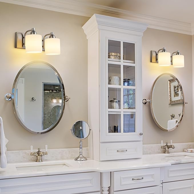 Stainless Steel Milk Glass Vanity Lights for Bathroom, 2 Light Brushed Nickel Bathroom Light Fixtures Over Mirror, Ceramic E26 Sockets Wall Mounted