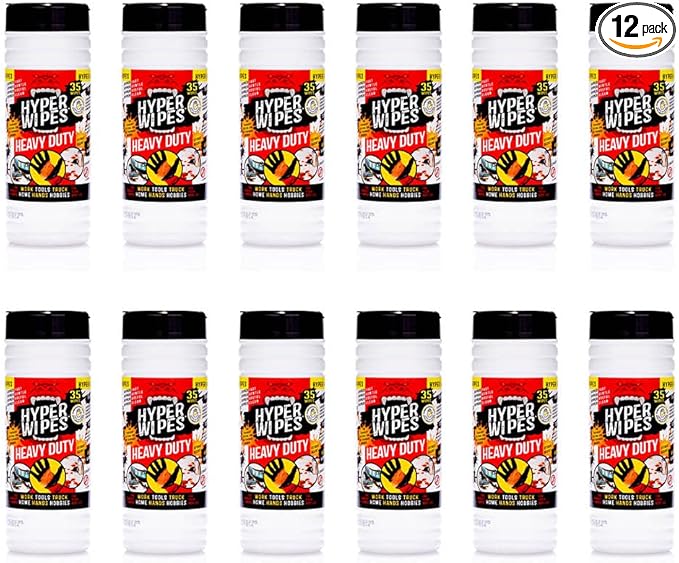 Hyper Wipes, 12 Pack Heavy Duty Hand & Tool Cleaning Wipes, 7"x12" Size Multi-Surface Cleaning Wipes, Degreasing, All Purpose Cleaner, Bathroom, Mechanic, Work Surface Wipes, 420 Count Canister