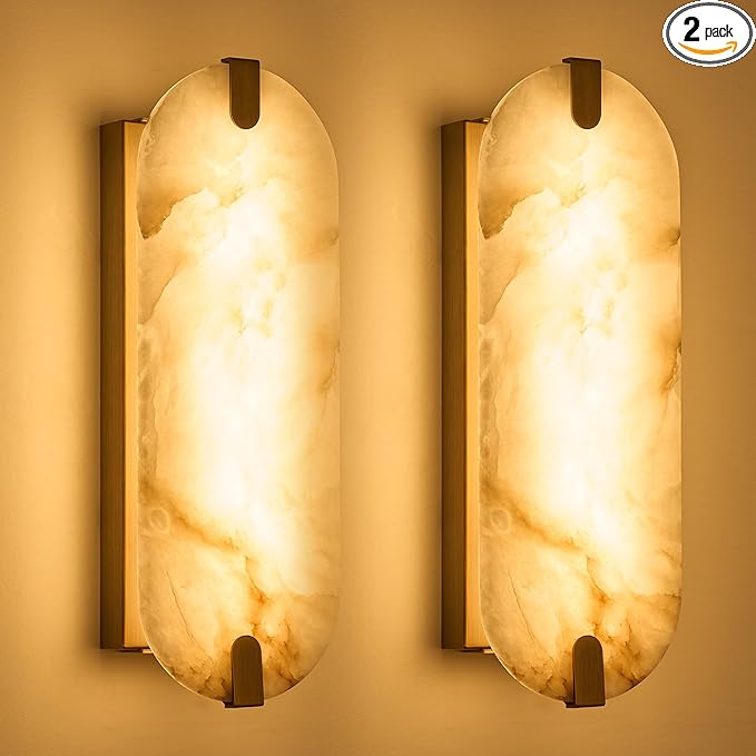 ZEROUNO Alabaster Wall Sconces, 14.2 inch Wall Sconce, Natural Marble Wall Sconces Wall Lighting Set of Two, Dimmable Light Fixtures for Bedroom Living Room Stairs Vanity Hallway Bedside
