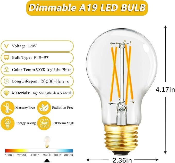 A19 Vintage LED Edison Light Bulbs 60 Watt, E26 Dimmable LED Filament Light Bulbs, Daylight White 5000K,6W Equal 60W Incandescent Bulbs,600LM, AC120V, A19 LED Bulb with 90 CRI,COCODI-6Pack (6W-5000K)