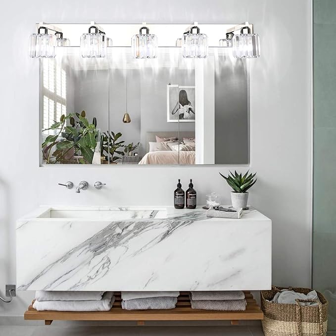 Aipsun Crystal Bathroom Vanity Light Stainless Steel Modern Vanity Light 5 Lights Crystal Bathroom Vanity Light Fixtures (Exclude Bulb)