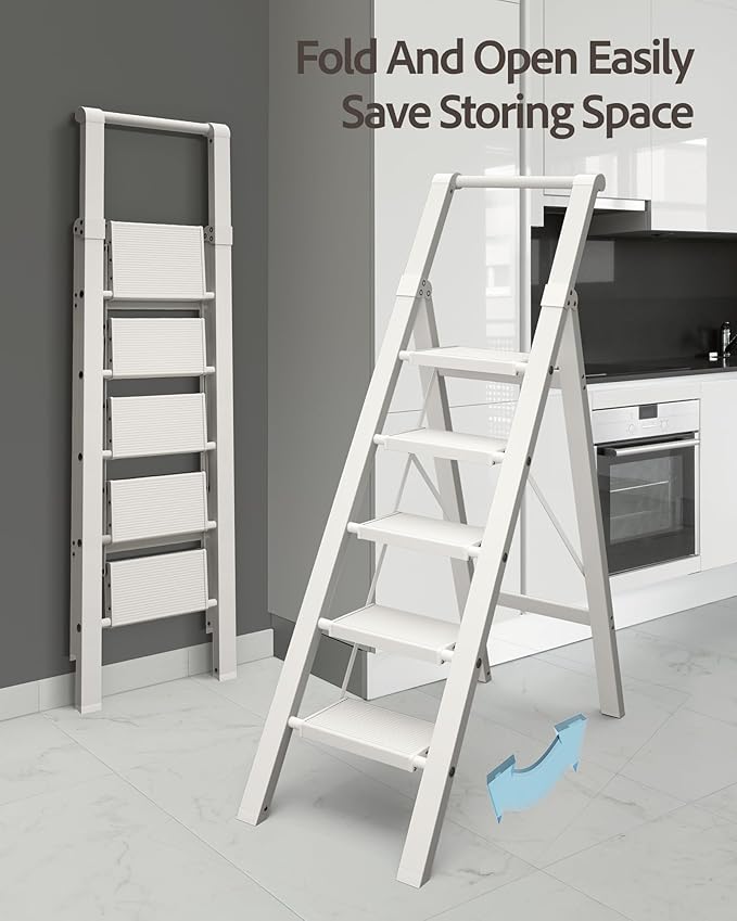 5 Step Ladder, Lightweight Folding Step Stool with Convenient Handgrip,Aluminum 330lbs Capacity Step Ladder for Office,Household,Kitchen(White)