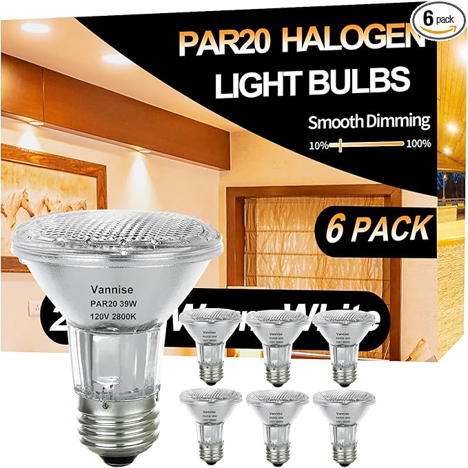 PAR20 Flood 39W 120V 480 Lumens, 6pcs High Output PAR20 Halogen Light Bulb Warm White 2800K, 39W PAR 20 Dimmable with E26 Base, Long Lasting PAR 20 Flood Light Bulb for Indoor Outdoor