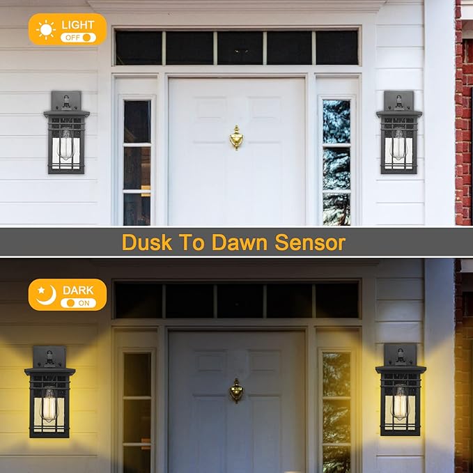 Dusk to Dawn Exterior Wall Lights, Outdoor Wall Lanterns Sensor Light Fixtures Wall Mount Waterproof Wall Sconce Anti-Rust Porch Light with Seeded Glass for Corridor, Garage, 1 Pack