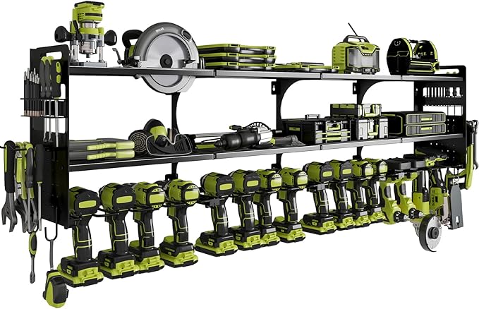 64" Power Tool Organizer Wall Mount, 16 Slots, 3-Tier Drill & Cordless Tool Storage Holder with Pegboard Sides, Tool Wall Organizer for Garage & Workshop Black