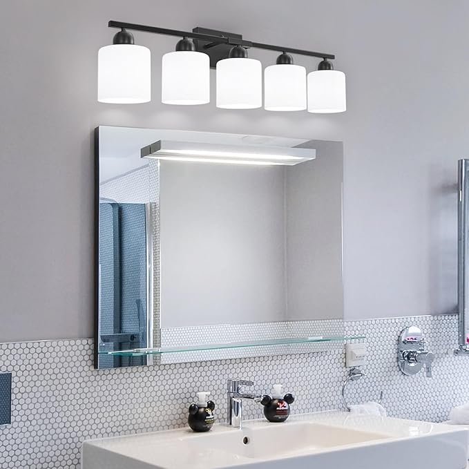 5-Light Black Bathroom Vanity Light, Black Vanity Light with Milky White Frosted Glass Shades, Modern Vanity Light Fixture for Bathroom Mirror, Bedroom, Living Room, Hallway, Vanity Table, E26 Base
