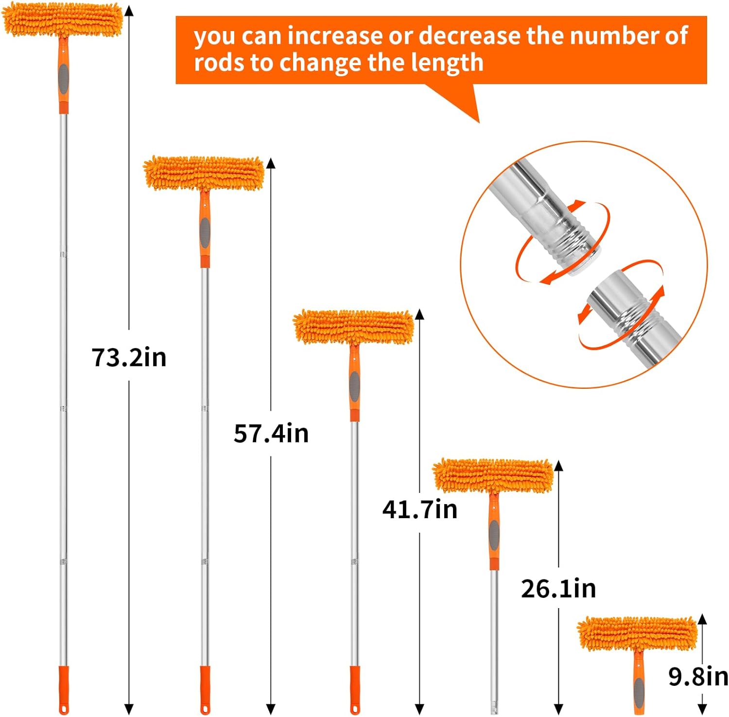 Professional 72'' Window Squeegee Cleaning Washing Tool/Kit with Extension Pole, 3 in 1 Squeegee for Window Cleaning Kit for High Window with 1 Rotatable Head 4 Interchangeable Scrubber