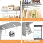 8FT Closet System, 96'' Closet Organizer System with 3 Hanging Rods, Wall Mount Bedroom Wardrobe with 3 Drawers Walk-in Closet, Adjustable Cloth Garment Rack from 5 to 8FT (Cut to Fit), Grey