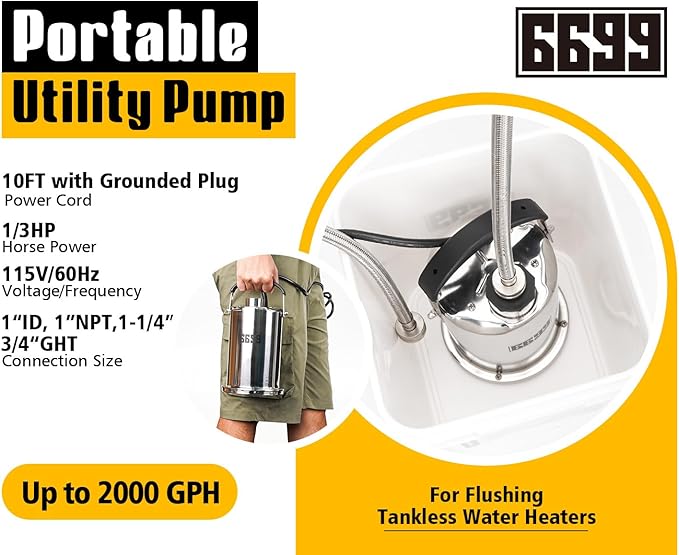 Tankless Water Heater Flush Kit Includes 1/3HP Stainless Steel Sump Pump with Two Adapters & 3 Gallons Pail with Bucket Lid Opener & Two 1/2” Dia X 6’ Hoses with Washers