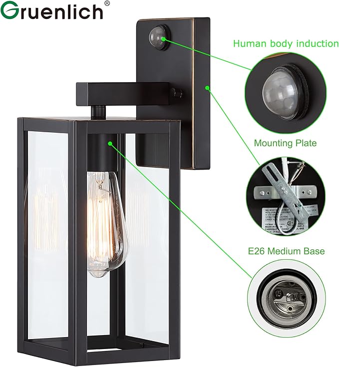 GRUENLICH Dusk to Dawn Large Outdoor Wall Lantern, PIR Motion Sensor Wall Sconce, E26 Base Max 60W, Metal Housing Plus Glass, Oil Rubbed Bronze Finish, Bulb Not Included, 2-Pack