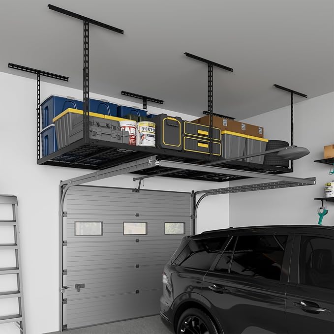 4X8FT Overhead Garage Storage Rack, 22"-48" Height Adjustable Garage Ceiling Storage Racks, Heavy Duty Metal Overhead Storage Organizer System, 750LBS Weight Capacity