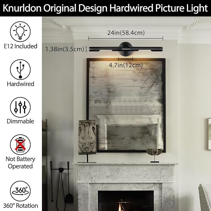 Hardwired Black Brass 24" Knurled Picture Light, Dimmable Rotatable 360°Picture Light for Wall, Vanity Light, Gallery Wall Light,Wall Sconce Lighting,Picture Frame Light,Include Bulb