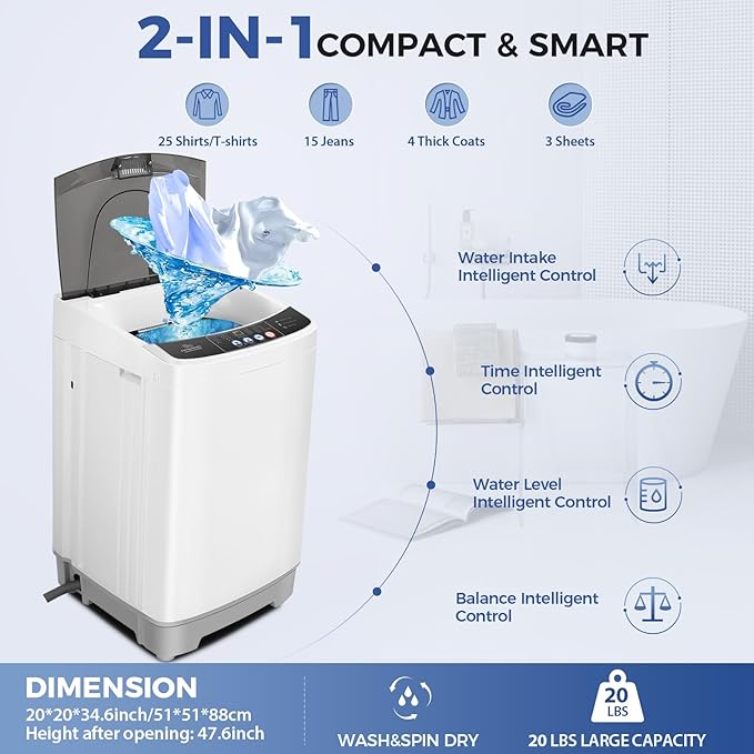 Nictemaw Portable Washing Machine 20Lbs Portable Washer Machine with Drain Pump, 2.8 Cu.ft Compact Washer with 10 Programs 8 Water Levels Small Washing Machine for Apartment, Home, Dorms, Rv