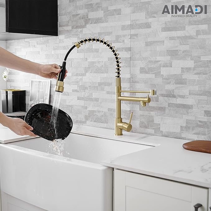 Brushed Gold Kitchen Faucet with Pull Down Sprayer, AIMADI Commercial Gold Kitchen Sink Faucet Single Handle Spring Two Nozzles Faucets