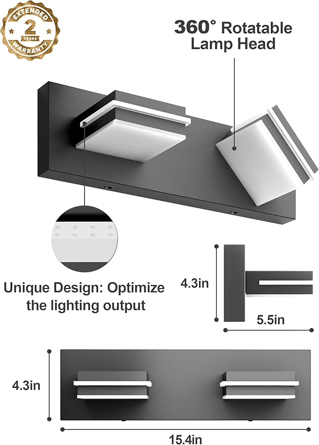 VOLISUN Modern Bathroom Vanity Light Fixtures (2-Light, 15.5-Inch), Matte Black LED Bathroom Lighting Fixtures Over Mirror, 360°Rotatable Head, LED Vanity Lights for Bathrooms (Cool White 6000K)