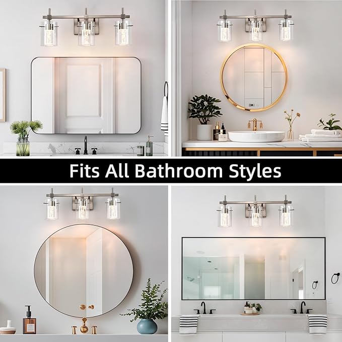 Bathroom Light Fixtures 3-Light, Brushed Nickel Vanity Light Over Mirror Dimmable 3 Color (3000K/4000K/6000K), Eye Protection LED Bathroom Lights Wall lamp Over Mirror with Clear Glass Shade