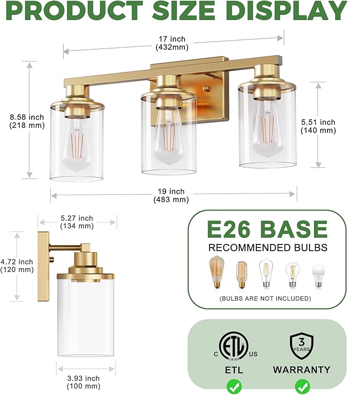 DORESshop 20 Inch Bathroom Light Fixtures, 3-Light Brass Bathroom Lighting Fixtures Over Mirror with Clear Glass Shade, Vanity Lights for Living Room Bedroom, ETL Listed