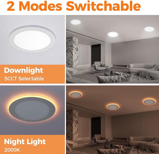 12 Pack 8 Inch 5CCT LED Recessed Ceiling Light with Night Light, Dimmable Canless Wafer Downlight, 2700K/3000K/3500K/4000K/5000K Selectable, Ultra-Thin, 15W, ETL, White