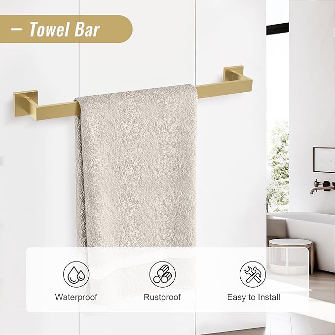 YACVCL Brushed Gold Bathroom Hardware Accessorie Set 23.6 Inch Towel Bar Set 5-Pieces Towel Rack&Holder Set for Bathroom,Upgraded Toilet Paper Holder with Shelf,Stainless Steel Wall-Mounted