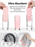 Fantasticlean Microfiber Cleaning Cloth Roll -60 Pack, Tear Away Microfiber Towels, 12" x 12", Reusable, Washable, Scratch Free, Ultra Absorbent Dishcloth for Car, Home Supplies (Pink & Grey)