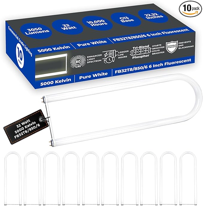 GoodBulb 32W T8 U Bend Fluorescent 6" Tube | 5000K Daylight Medium Bi-Pin Base | 3050 Lumens 85 CRI 24000 Life Hours 32 Watts | Car Dealership Lighting | 10 Pack
