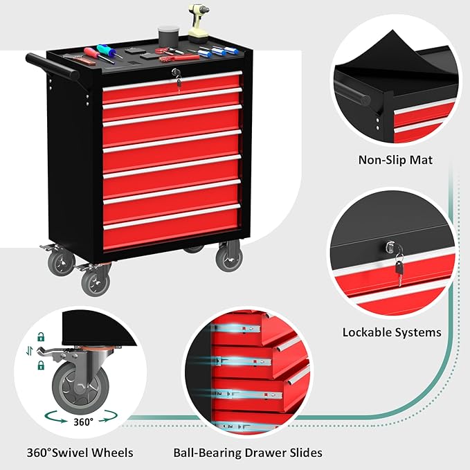 7-Drawer Rolling Tool Chest with Wheels, Tool Box with Locking System and Sliding Drawers, Tool Box Organizer for Garage, Warehouse, Workshop(BlackRed)