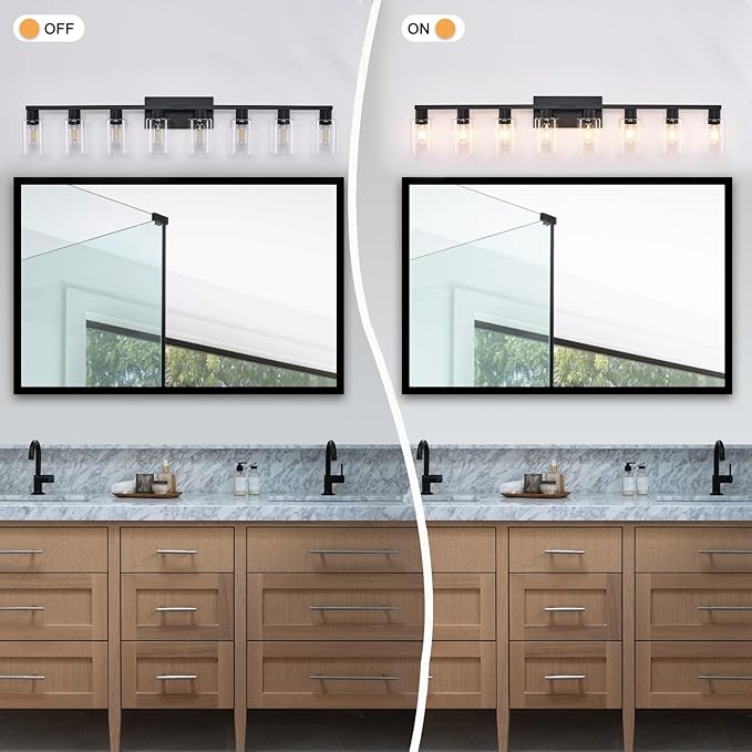 8 Light Bathroom Vanity Light, Matte Black Bathroom Vanity Lights Over Mirror with Sturdy Clear Glass Shade, 8 Lights Count Large Bath Light Fixtures for Mirror, Bedroom, Living Room, Wall Sconce