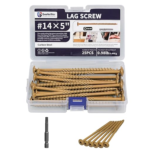 Lag Screws 5 Inch, 25PCS Heavy Duty Construction Screw, Structural Wood Screw #14 x 5, Rust Resistant, Washer Head, Yellow Coated Exterior Wood/Lag Screws, Star Drive with Bit