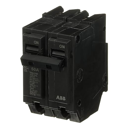 ABB Q-Line® THQL2150 50A Circuit Breaker • 50 Amp Double Pole Breaker, 120/240 VAC, 10 kAIC • Thermal Magnetic Trip • Long-Time & Instantaneous Protection (LI) • Plug-in Mount