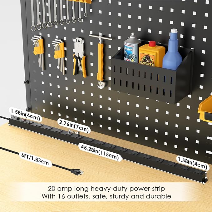 JUNNUJ Long Metal 16 Outlet Power Strip, Heavy Duty Power Strips Surge Protection 4800J with Circuit Breaker, 20a Wide Spaced Socket Wall Mount 5-15P Adapter High Amp 6-20R T-Slot 10FT Extension Cord