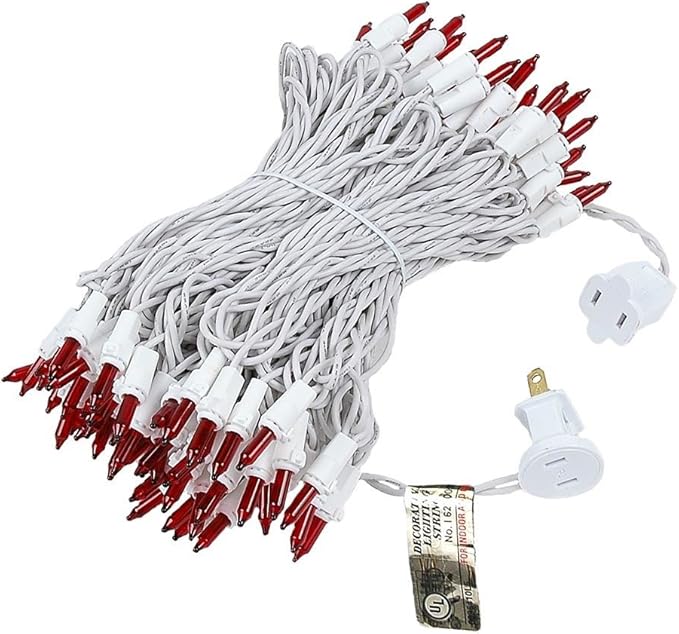 Novelty Lights 50 Feet 100 Bulb Incandescent Mini Light String, Red with 6-Inch Spacing on White Wire, UL Listed Commercial Grade Indoor/Outdoor Mini Lights, Connectable End-to-End