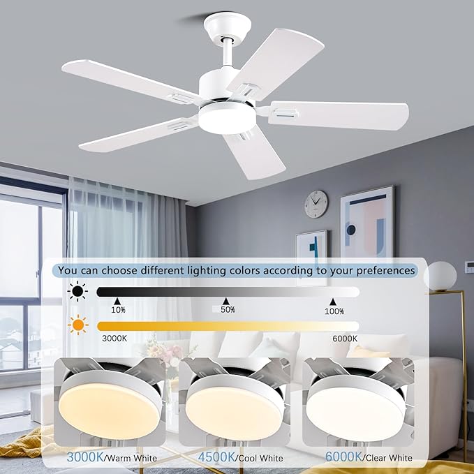 42 inch Modern White Ceiling Fans with Lights APP/Remote Control, Low Profile Reversible 6 Speeds Ceiling Fan Light for Indoor/Outdoor Patio Bedroom Living Room
