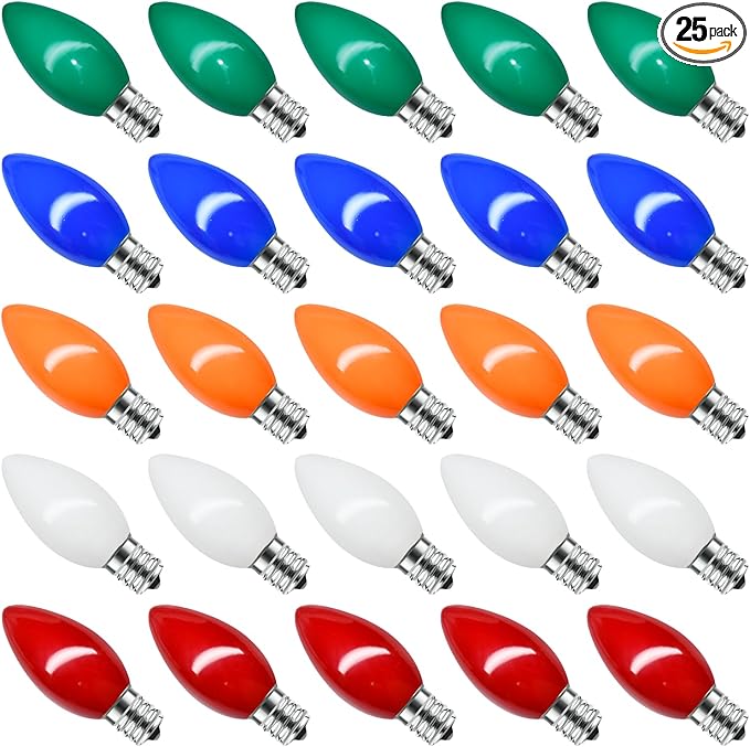 25 Pack C9 Multicolored Replacement Bulbs, 7 Watts Night Light Bulbs, C9 Colored Ceramic Incandescent Bulbs for Vintage Christmas Lights Outdoor Indoor Home Party Decorations, E17 Candelabra Base