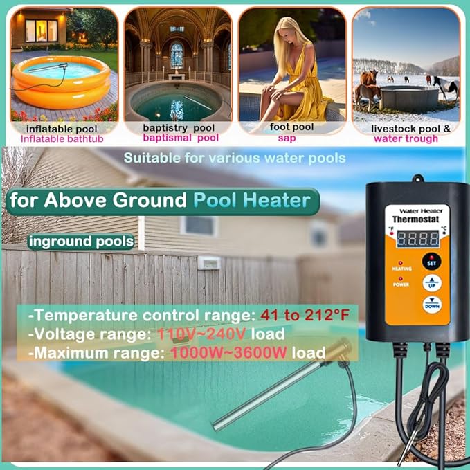 1300W Titanium Immersion Water Heater for Pool and Hot Tub, with Gfci Plug/Thermostat for Bathtub, Inflatable Hot Tub, Small Above Ground Pools, Baptistry, Baptismal Pool Heater