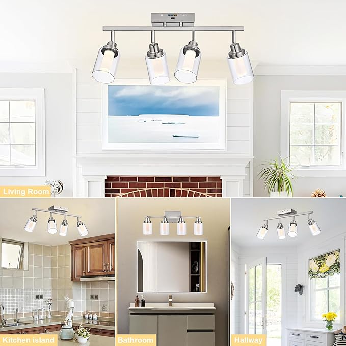 4-Light LED 5-Color Temperature Track Lighting Fixtures in Brushed Nickel, Ceiling Spotlight Bathroom Wall Lighting with Integrated LED Chips & Clear Glass Shade & Frosted Column