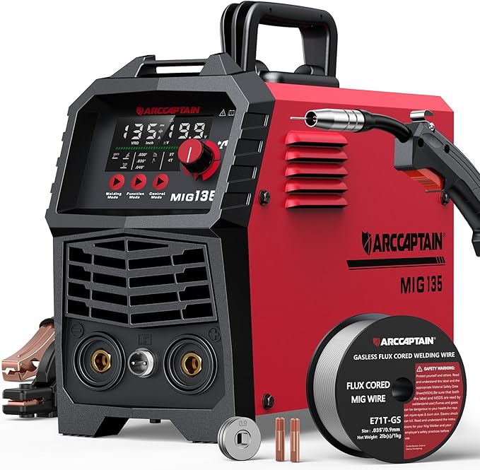 ARCCAPTAIN 135A MIG Welder, 2025 Newest [Large LED Display] 110V Welder Flux Core MIG, Lift TIG, Stick, 3 in 1 Welding Machine Gasless MIG Welder Machine 110V, IGBT Inverter Welder with Synergy, 2T/4T