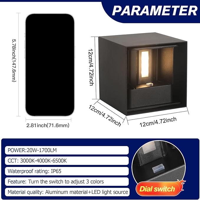 2 Pack LED 20W Outdoor Wall Lights Exterior/Interior 3 Colors Adjustable Wall Sconce Up and Down Light Porch Lights IP65 Waterproof Exterior Wall Sconce Modern Outdoor Lighting Square Aluminum Black
