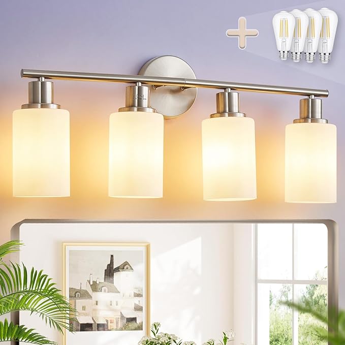 DLLT 4-Light Bathroom Light Fixtures: Nickel Modern Vanity Lights with E26 Bulbs - Milky White Glass Shade Bathroom Wall Lamp for Mirror Kitchen Living Room Hallway Cabinet Porch