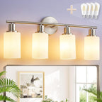 DLLT 4-Light Bathroom Light Fixtures: Nickel Modern Vanity Lights with E26 Bulbs - Milky White Glass Shade Bathroom Wall Lamp for Mirror Kitchen Living Room Hallway Cabinet Porch