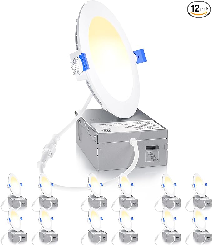 Ensenior 12 Pack 4 Inch LED Recessed Light, Dimmable, 2700K-5000K 5CCT, 750LM High Brightness, 9W 120V, 3 Pin, ERL-9X-ETL, Damp Rated, Ultra-Thin Canless Wafer Ceiling Light - ETL & FCC & IC