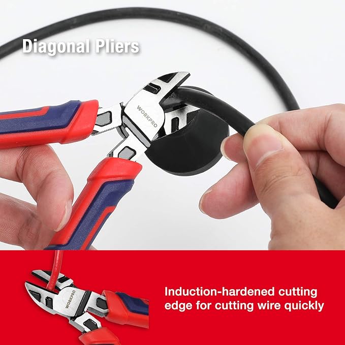WORKPRO Pliers Set, Premium Cr-V Construction, Includes 6 Inch Slip Joint, Long Nose, Diagonal Cutting, 8 Inch Groove Joint, 7 Inch Linesman and Storage Pouch, for Basic Repair