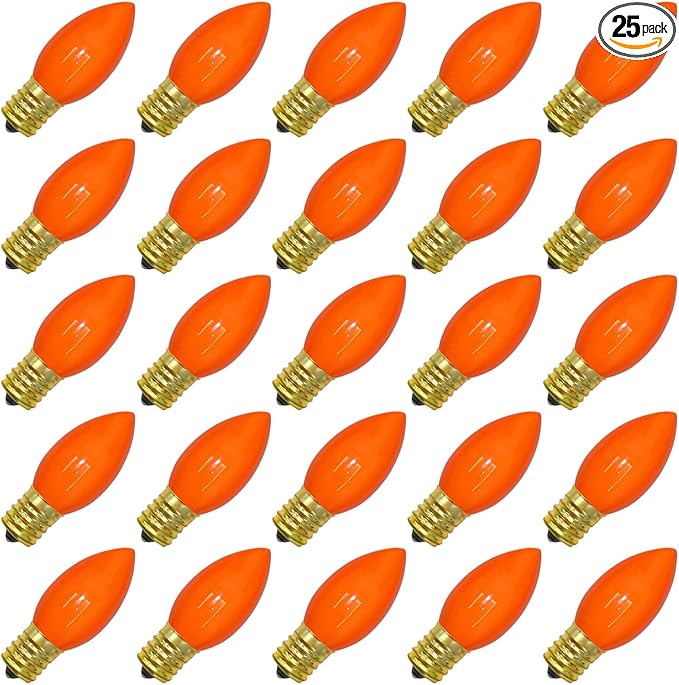 C9 Orange Replacement Light Bulbs, 25 Pack Halloween Ceramic Orange Bulb Christmas Light Bulbs for Outdoor Patio String Lights Halloween Decorations Party Yard Decor, E17 Intermediate Base- 7 Watts