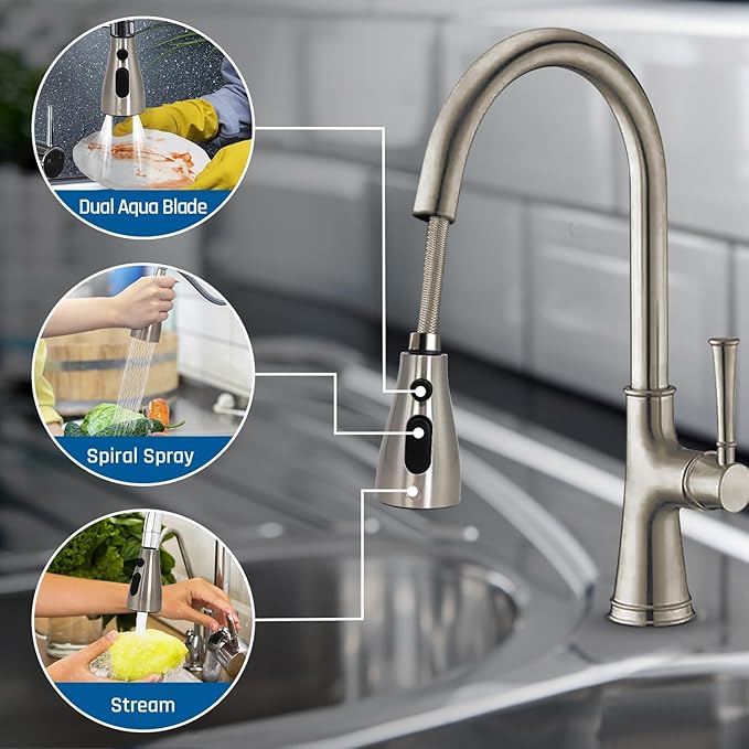 Kitchen Faucet Head Replacement – Pull-Down Sprayer for Moen, Delta| 3-Mode Sink Faucet Spray Head with 9 Adapters, Brushed Nickel, Kitchen Sink Sprayer Replacement.