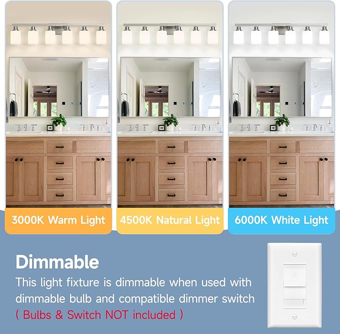 6-Light Bathroom Vanity Light,Brushed Nickel Vanity Lights with Square Frosted Glass,Modern Bathroom Wall Lights Fixtures Over Mirror,Wall Sconces Lighting for Bedroom Living Room,E26