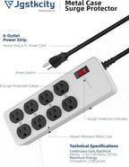 Heavy Duty Power Strip,Industrial Heavy Metal Case Surge Protector,8 AC Outlets,15Amp,2700 Joules,Protected' Indicator,14 Gauge Cord (Grey, 6FT Length)